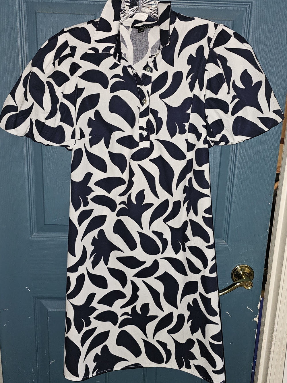 Women's Navy and White Printed Short Sleeve Dress